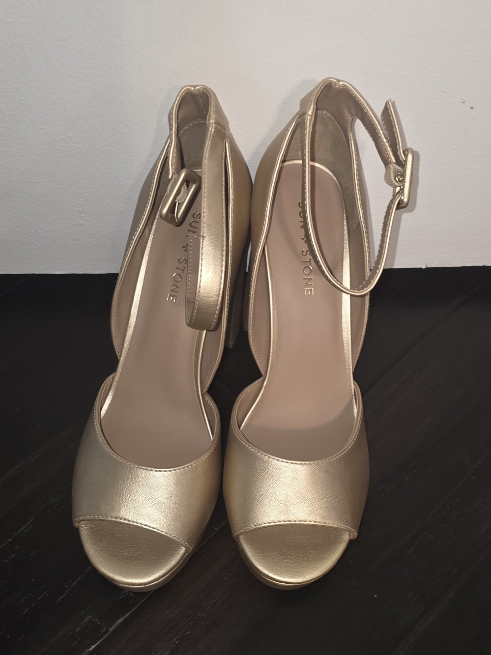 Sue Stone Metallic Gold Peep-Toe Ankle-Strap Heels